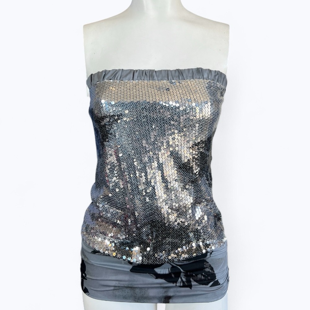 Y2K B Sharp Silver Sequins Rose Strapless Top / Super Mini Dress